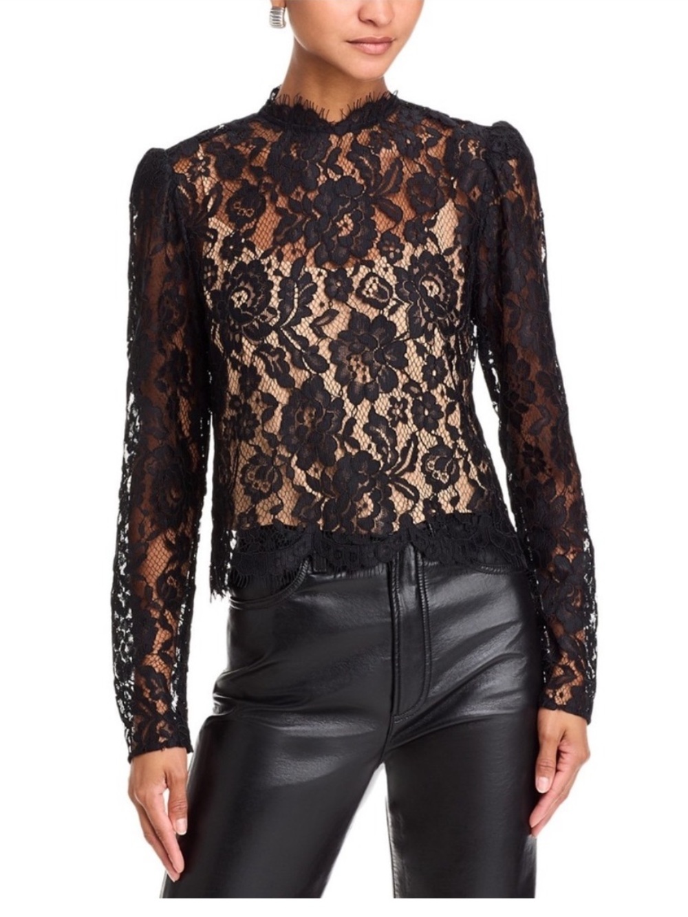 WAYF Nadia Lace Top Black Mock Neck Long Sleeve XS